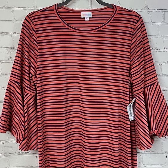 NWT LuLaRoe Maurine Dress XL 14/16 Red Stripe Bell Sleeve Ruffle Shift Swing - Picture 4 of 11
